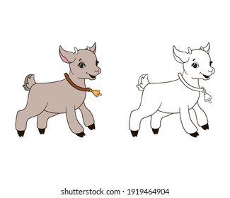 coloring book, the goat jumps merrily, ringing the bell. Vector illustrations in cartoon style, line art for the little ones