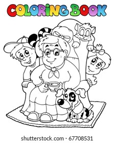 Coloring book with grandma and kids - vector illustration.