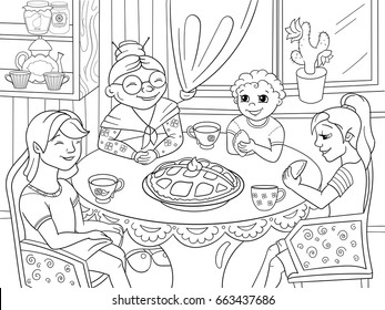 Coloring book Grandmother is sitting at the table. Grandchildren came to visit. Cooking pies