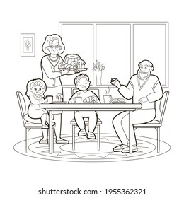 Coloring book grandparents with grandchildren drinking tea with fresh pastries at the big table.Vector illustration for children, black and white line art