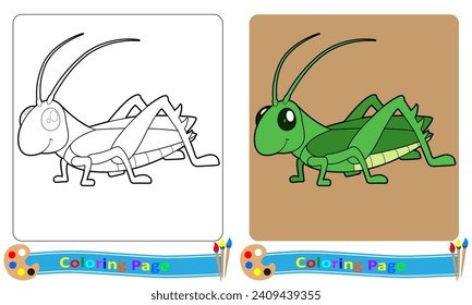 Coloring book. Grasshopper coloring page for children. Teaches colors and animals. Vector format.