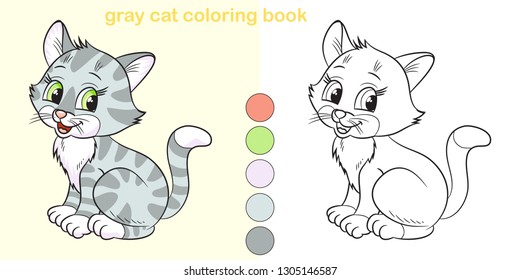 Coloring book gray cat. Cute cartoon character.