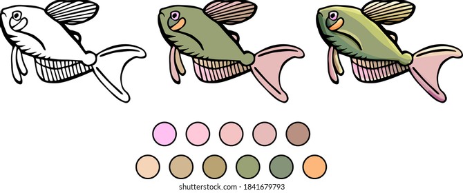 Coloring book of green fish, cartoon style, doodle, flat style, isolated on white background, education, play, fun, coloring, for children, childhood, example, paints, develop, drawing, draw, outline