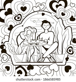 coloring book, greeting card, banner for valentine's day, girl and guy on a date, sitting at a table in a cafe, two cups of cappuccino, rose, vector illustration