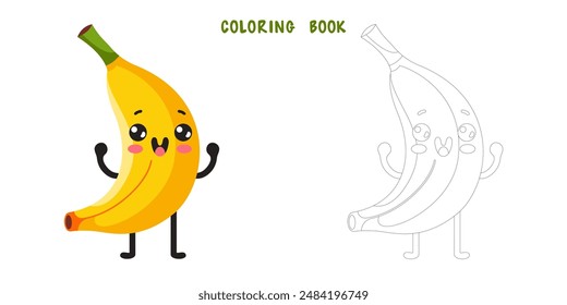 Coloring book of groovy cartoon banana. Coloring page of happy cute fruit character, plant with smiling face, funny berry, graphic elements isolated collection. Vector food illustration.