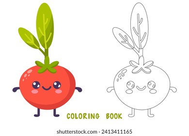 Libro coloreado de humor sobre tomate gracioso. Feliz carácter vegetal lindo con planta con cara sonriente, elementos gráficos aislados colección. Ilustración vectorial de alimentos.