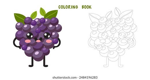 Coloring book of groovy cartoon grape. Coloring page of happy cute fruit character, plant with smiling face, funny berry, graphic elements isolated collection. Vector food illustration.