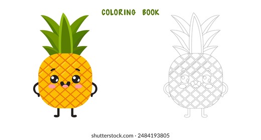 Coloring book of groovy cartoon pineapple. Coloring page of happy cute fruit character, plant with smiling face, funny berry, graphic elements isolated collection. Vector food illustration.