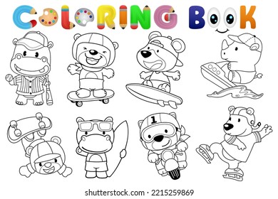 Coloring book with group of funny animals cartoon in different activity
