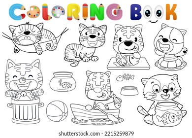 Coloring book with group of funny cat cartoon in different activity