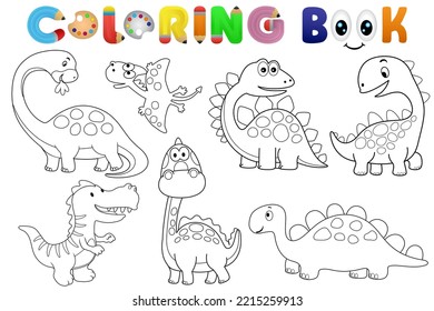 Coloring book with group of funny dinosaurs cartoon