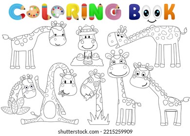 Coloring book with group of funny giraffe cartoon