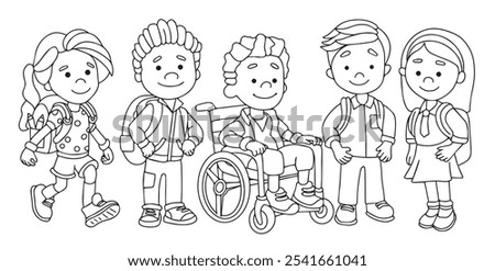 Coloring book. Group of school children. Back to school theme. Child in wheelchair. Vector illustration in doodle style