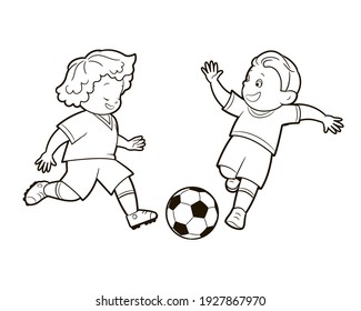 Libro de colorear: chicos, chicos, futuros futbolistas están jugando con una pelota de fútbol. Ilustración vectorial en estilo de dibujos animados, arte aislado de línea blanca y negra