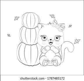 Coloring book Halloween baby cat girl, with bow and bat, near pumpkins. Picture in hand drawing cartoon style, for t-shirt wear fashion print design, greeting card, postcard. baby shower. 