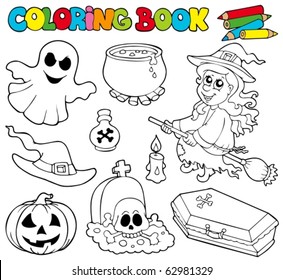 Coloring Book With Halloween Images - Vector Illustration.