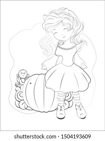 Coloring book Halloween little girl cat  and cat's ears    spider shoulder  against the pumpkin background  The picture in hand drawing style  can be used for party invitation  greeting card