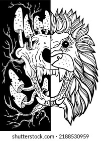 Coloring book for halloween. Coloring page for adults. Lion and skull. 