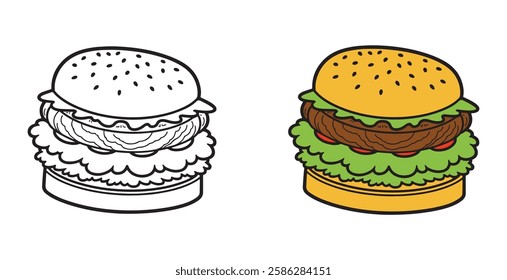 Coloring book, hamburger vector image, Hamburger vector illustration. Coloring book page