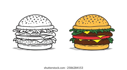 Coloring book, hamburger vector image, Hamburger vector illustration. Coloring book page