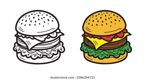 Coloring book, hamburger vector image, Hamburger vector illustration. Coloring book page