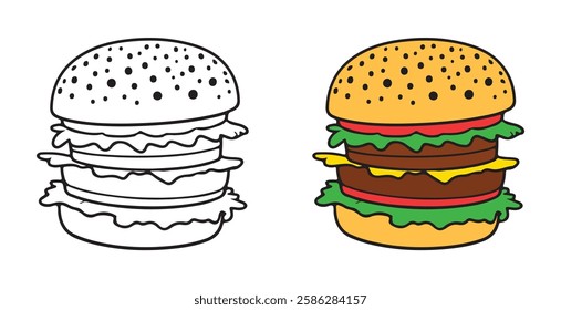 Coloring book, hamburger vector image, Hamburger vector illustration. Coloring book page