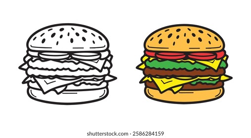 Coloring book, hamburger vector image, Hamburger vector illustration. Coloring book page