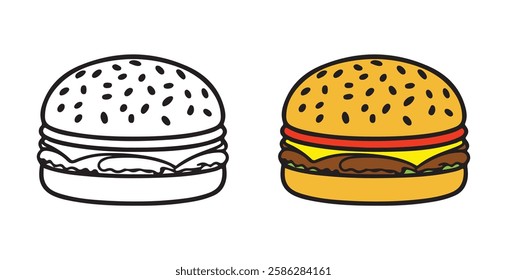 Coloring book, hamburger vector image, Hamburger vector illustration. Coloring book page