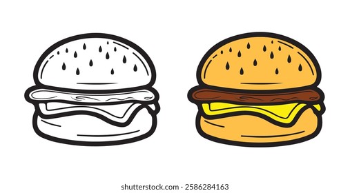 Coloring book, hamburger vector image, Hamburger vector illustration. Coloring book page