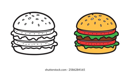 Coloring book, hamburger vector image, Hamburger vector illustration. Coloring book page