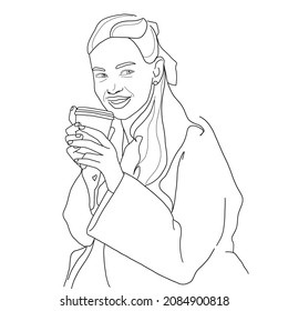 Libro de colorear. Dibujar a mano un retrato lineal de una mujer sonriente feliz con una taza de café o té. diseño vectorial en estilo mínimo para logotipo, postal, banner, tarjeta de visita, afiche, icono de medios sociales