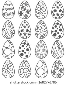 Coloring book. Hand drawn. Adults, children. Black and white. Set of Easter eggs.