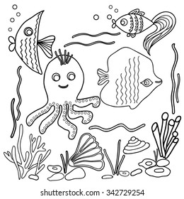  Coloring  book.  Hand drawn. Adults, children. Sea animals. Black and white. 