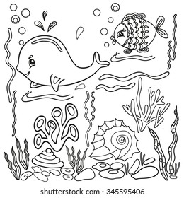  Coloring  book.  Hand drawn. Adults, children. Sea animals. Black and white. 