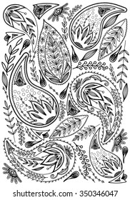 Coloring  book. Hand drawn. Adults, children.Black and white. A set of decorative plant elements.