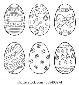  Coloring  book.  Hand drawn. Adults, children. Black and white. Set of Easter eggs.
