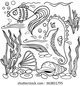  Coloring  book.  Hand drawn. Adults, children. Sea animals. Black and white. 