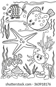  Coloring  book.  Hand drawn. Adults, children. Sea animals. Black and white. 