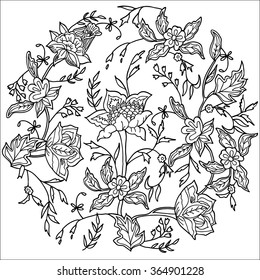 Coloring  book. Hand drawn. Adults, children.Black and white.Floral motif in a circle.