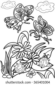  Coloring  book.  Hand drawn.  Adults, children.  Black and white. Insects. Butterflies, ladybugs.