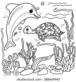  Coloring  book.  Hand drawn. Adults, children. Sea animals. Black and white. 