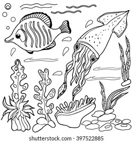  Coloring  Book.  Hand Drawn. Adults, Children. Sea Animals. Black And White. 