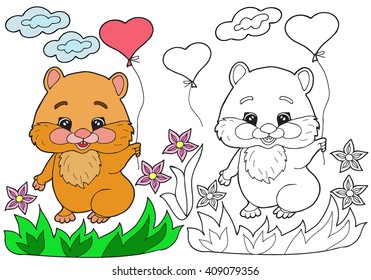  Coloring  book.  Hand drawn. Adults, children. Black and white. Hamster. 