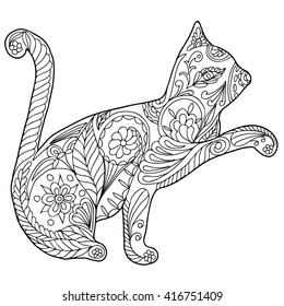  Coloring  book.  Hand drawn. Adults.  Black and white. Cat in zentangle style.