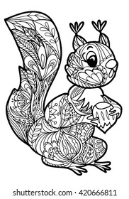  Coloring  book.  Hand drawn. Adults.  Black and white. Squirrel. Zentangle.