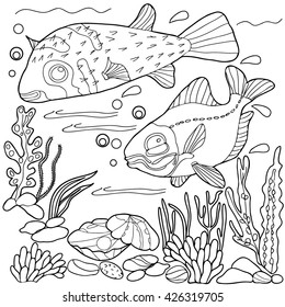  Coloring  book.  Hand drawn. Adults, children. Sea animals. Black and white. Fish.