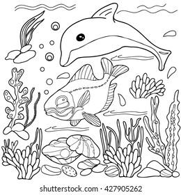  Coloring  book.  Hand drawn. Adults, children. Sea animals. Black and white. 