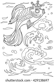  Coloring  book.  Hand drawn. Adults, children. Sea animals. Black and white. Fish.