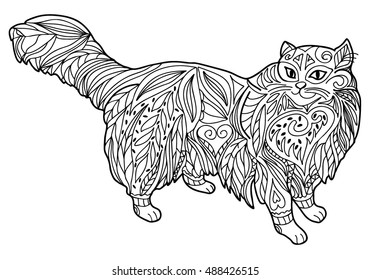  Coloring  book.  Hand drawn. Adults.  Black and white. Cat in zentangle style.