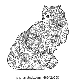  Coloring  book.  Hand drawn. Adults.  Black and white. Cat in zentangle style.